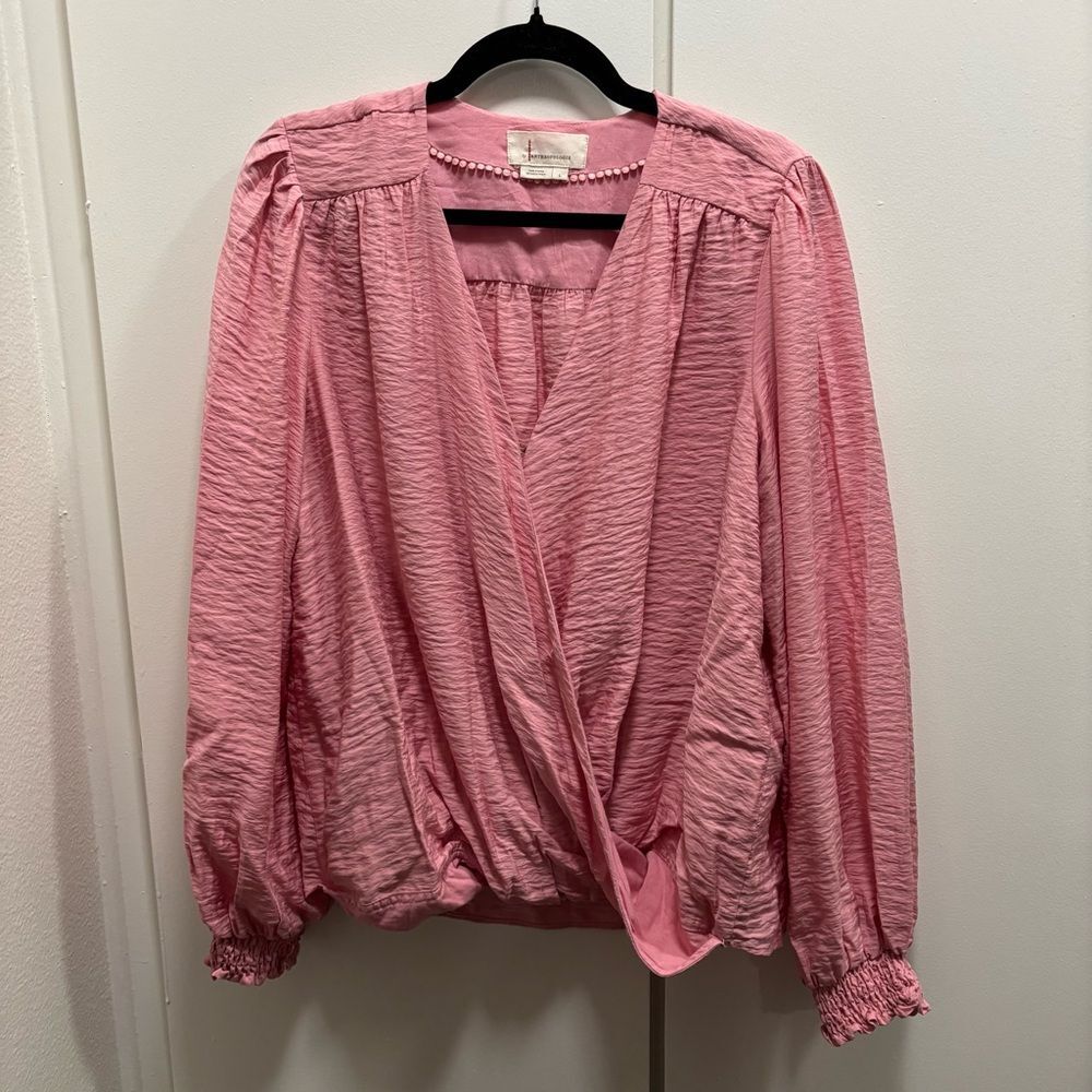 By Anthropologie Sz Large Pink Faux Wrap Long Sleeve Blouse Elevated Basic